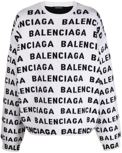 Balenciaga Pull à logo en intarsia - Blanc