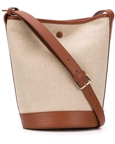 A.P.C. 'helene' White Bucket Bag With Brown Leather Trim And Embossed Logo In Canvas Woman - Natural
