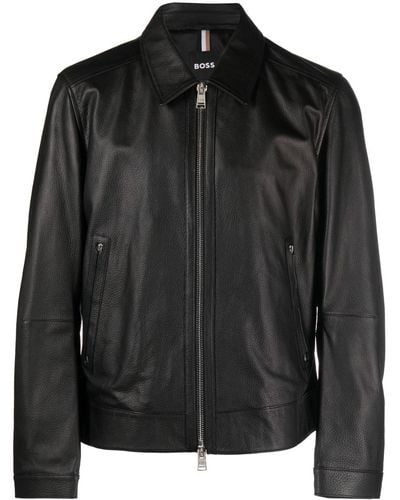 BOSS Grained-leather Shirt Jacket - Black