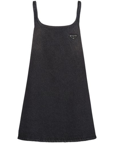 Prada Triangle Logo A-line Denim Dress - Black