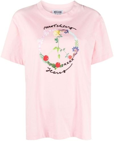Moschino Jeans Logo-embroidered Cotton T-shirt - Pink