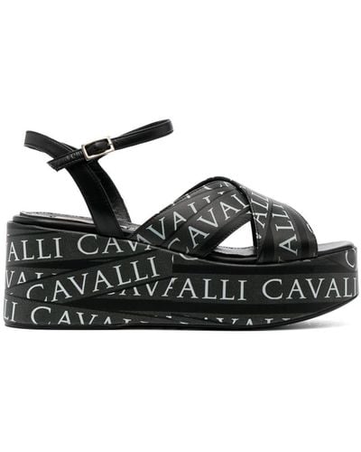 Roberto Cavalli 70mm Logo-print Wedge Sandals - Black