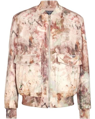 Balmain Painting-print Leather Bomber Jacket - Pink