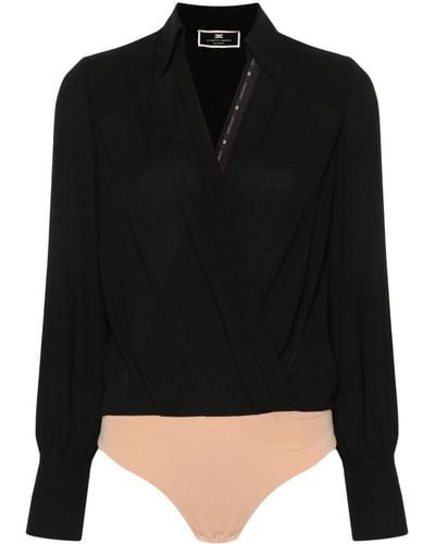 Elisabetta Franchi Sheer Crepe V-neck Bodysuit - Black