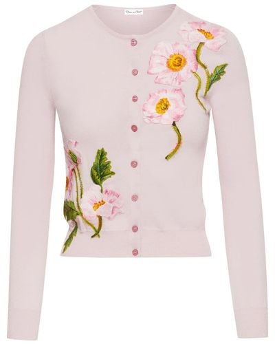 Oscar de la Renta Floral-embroidered Fine-knit Cardigan - Pink
