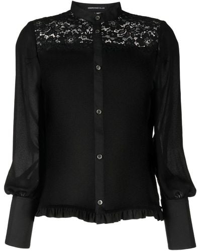Undercover Lace-trim Long-sleeve Blouse - Black