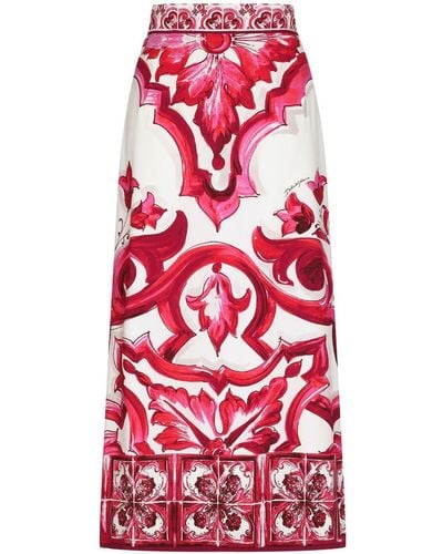 Dolce & Gabbana Falda longuette de charmeuse con estampado Maiolica con abertura - Rojo