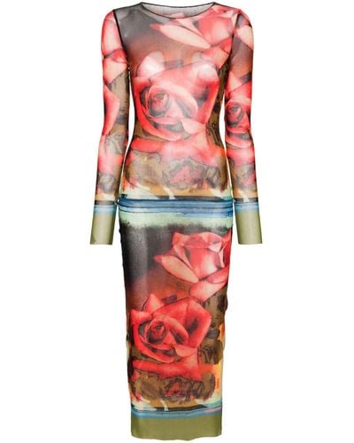 Jean Paul Gaultier Roses Mesh Long Sleeve Dress - Multicolor