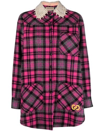Gucci Beaded Collar Checked Coat - Red