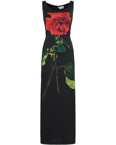Alexander McQueen Satinkleid mit Shadow Rose-Print - Blau