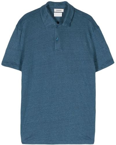 Sandro Mélange Linen Polo Shirt - Blue
