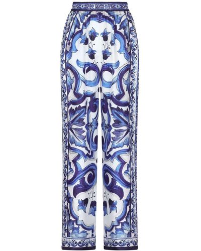 Dolce & Gabbana Pantalon droit en soie à imprimé Majolica - Bleu