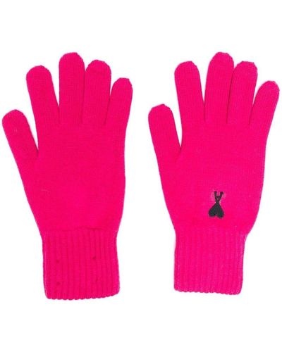 Ami Paris Logo-embroidered Merino Gloves - Pink