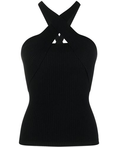 MSGM Ribbed-knit Crossover-strap Top - Black