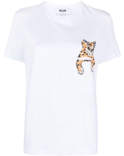 MSGM Cat-embellished Cotton T-shirt - White