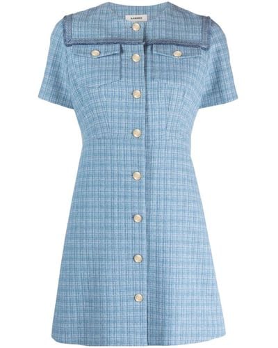 Sandro Tweed-textured Fringed-trim Cotton-blend Mini Dress - Blue