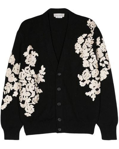 Alexander McQueen Floral-embroidered Cotton Cardigan - Black