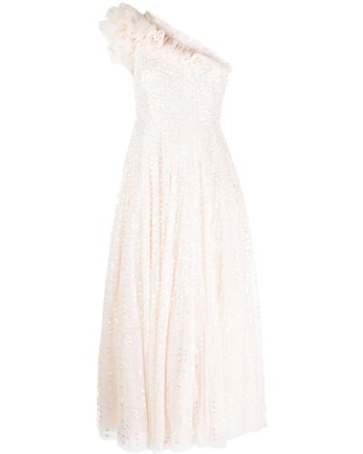 Needle & Thread Raindrop Sequinned One-shoulder Gown - White