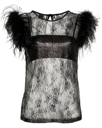Pinko Feather-detailed Lace Sleeveless Top - Black