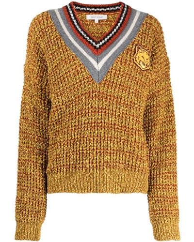 Maison Kitsuné Chillax Fox-motif V-neck Sweater - Yellow
