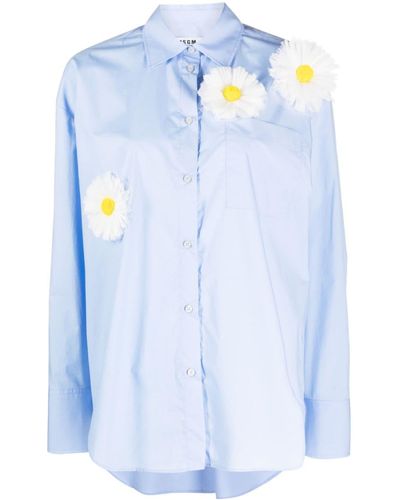 MSGM Daisy Flower-appliqué Poplin Shirt - Blue