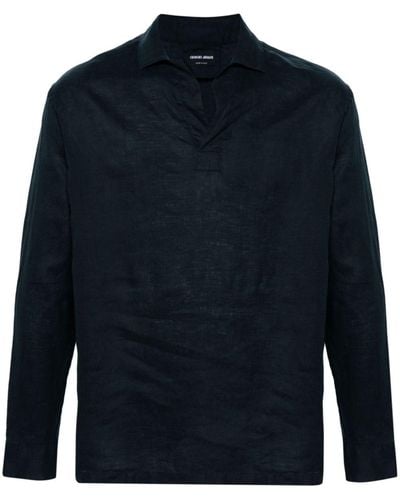 Giorgio Armani T-shirt en lin à col fendu - Bleu