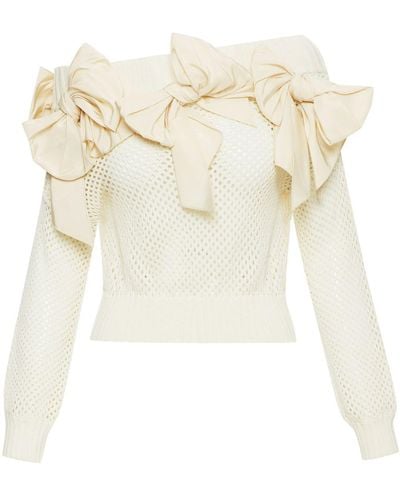 Oscar de la Renta Bow-embellished Pointelle-knit Jumper - White