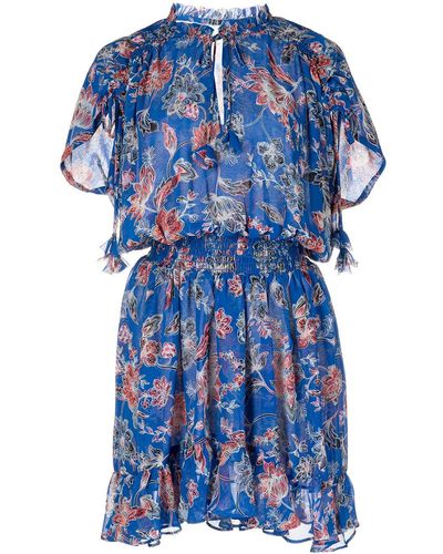 MISA Los Angles Floral-print Smocked-waist Dress - Blue