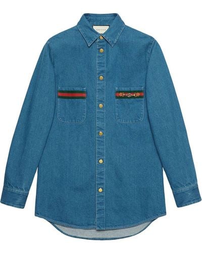 Gucci Web-detail Long-sleeve Denim Shirt - Blue
