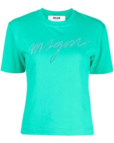 MSGM T-shirt en coton à logo strassé - Bleu
