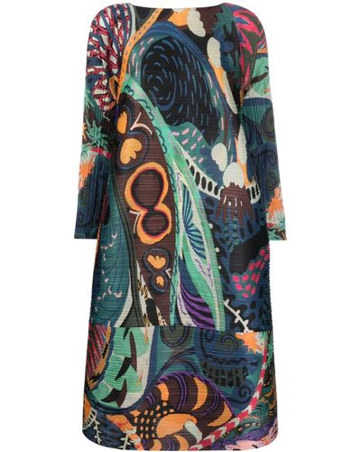 Pleats Please Issey Miyake Midi-jurk Met Print - Blauw