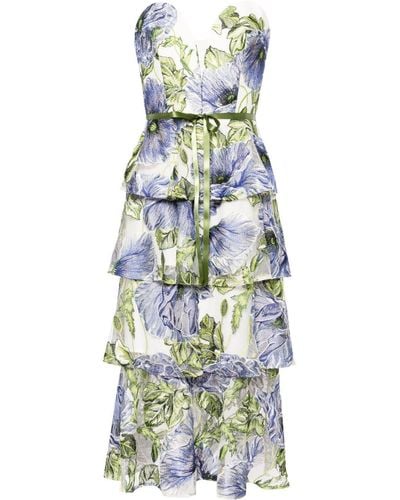Marchesa Floral-embroidered Tiered Midi Dress - Blue