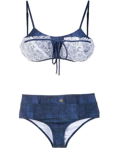 Amir Slama Lace applique denim bikini set - Blu