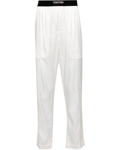 Tom Ford Pantalon de pyjama en soie à bande logo - Blanc