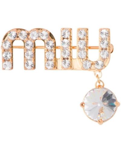 Miu Miu Broche con detalles de cristales y logo - Blanco