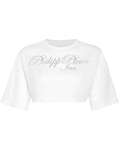 Philipp Plein Crystal-embellished Logo-print Cropped T-shirt - White