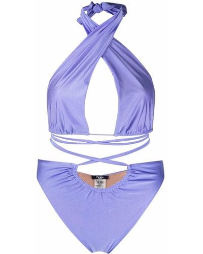 Noire Swimwear Lattice-strap Halterneck Swimsuit - Purple