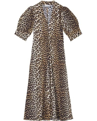 Ganni Leopard-print Organic Cotton Midi Dress - Brown