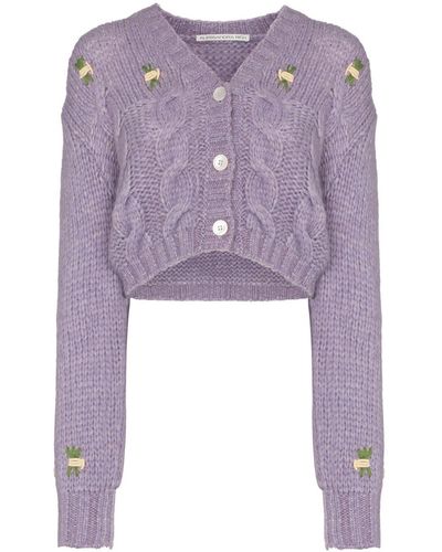 Alessandra Rich Floral Detail Cropped Knit Cardigan - Purple