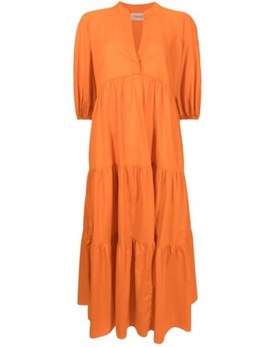 Adriana Degreas Puff-sleeves Tiered Midi Dress - Orange