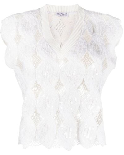 Brunello Cucinelli Sequinned Crochet Sweater Vest - White