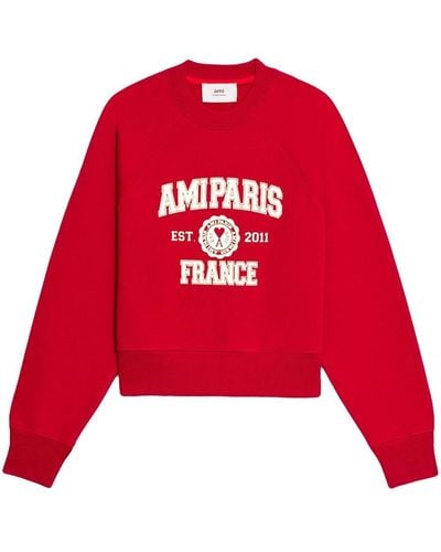 Ami Paris Logo-print Organic-cotton Sweatshirt - Red