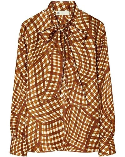 Tory Burch Abstract-pattern Print Silk Bluse - Brown