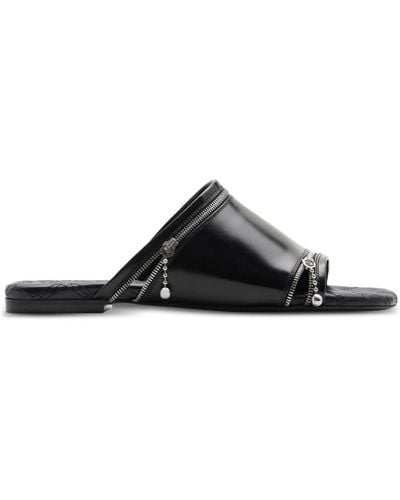 Burberry Decorative-zip Flat Leather Sandals - Black