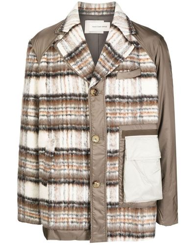 Feng Chen Wang Plaid Panelled Button-up Coat - Grey