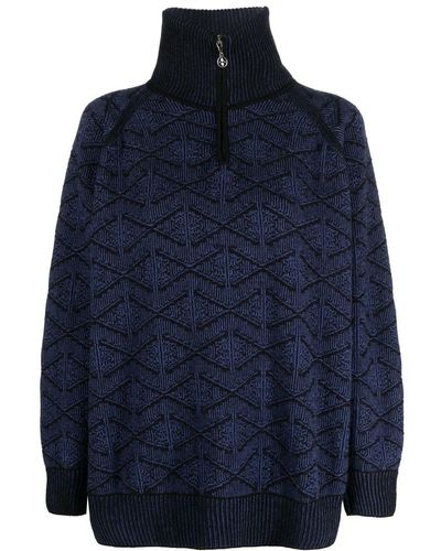 Barrie Monogram-pattern Zip-neck Sweater - Blue