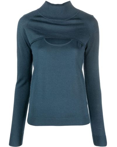 Patrizia Pepe Long-sleeved Cut-out Wool T-shirt - Blue