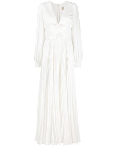 Elie Saab Long-sleeve Pleated Silk Gown - White