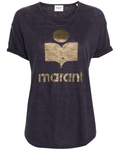 Isabel Marant T-Shirt aus Leinen mit Logo-Print - Blau