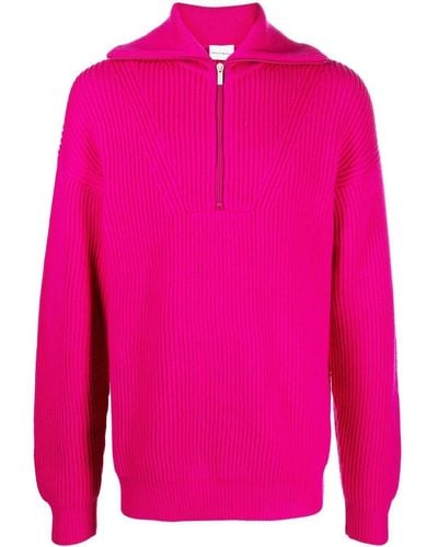 Drole de Monsieur Ribbed Short-zip Merino Sweater - Pink